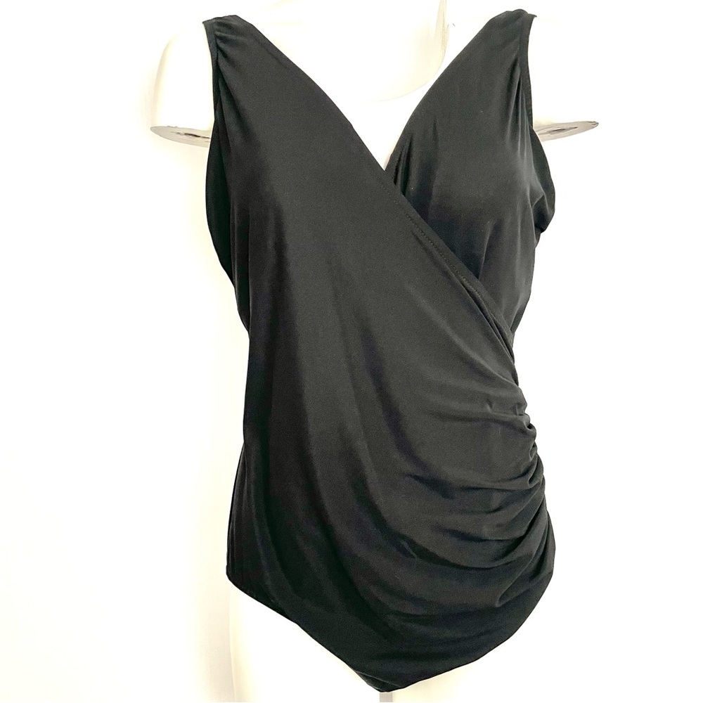 Miraclesuit Black Sleeveless Wrap Bodysuit Left Side Rushed
